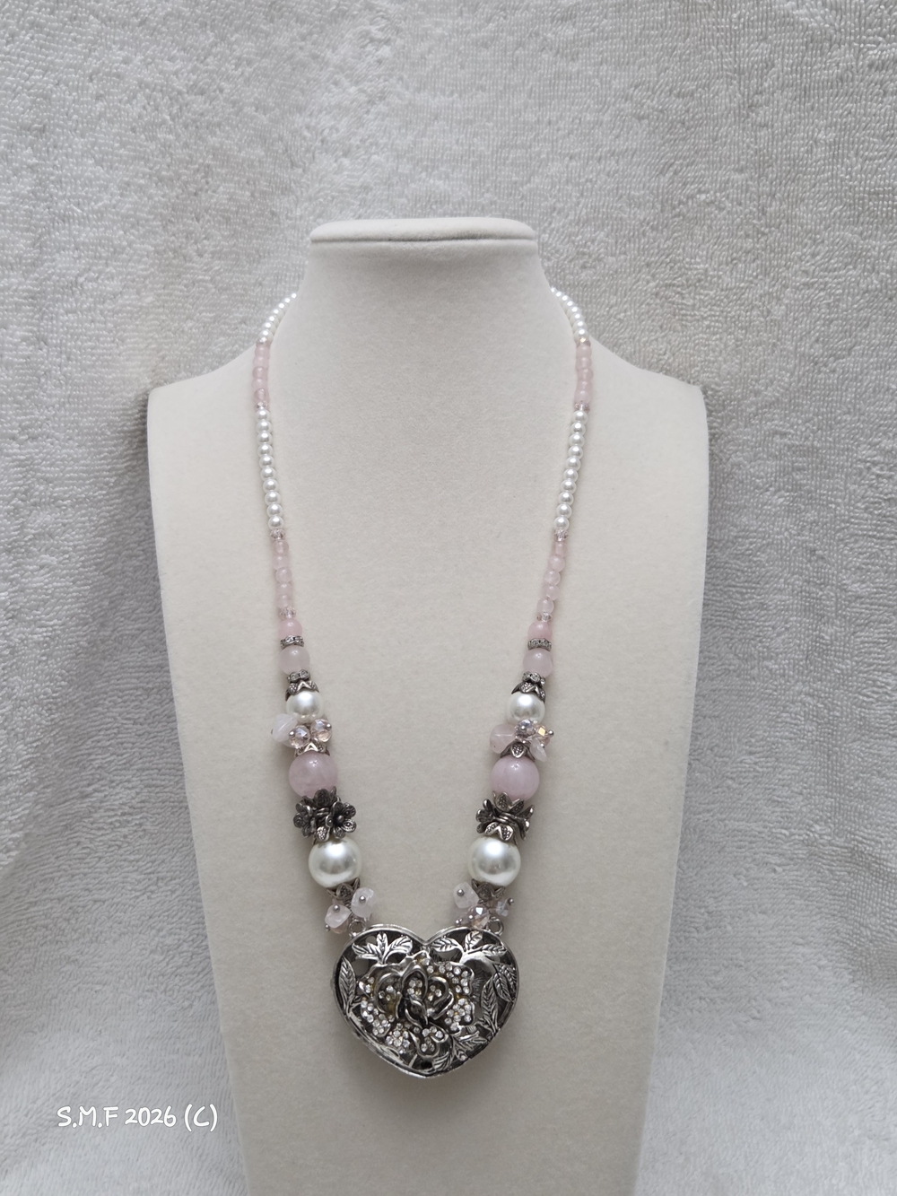 Galilea Rose Quartz w/White Glass Pearl/Austrian Crystals in a Heart Pendant